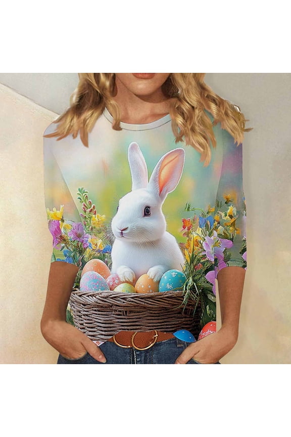 Happy Easter Day Shirts Women Plus Size Rabbit Family Print T-Shirt Cute Bunny Grass Flower Pattern 3/4 Sleeve Casual Holiday Tee