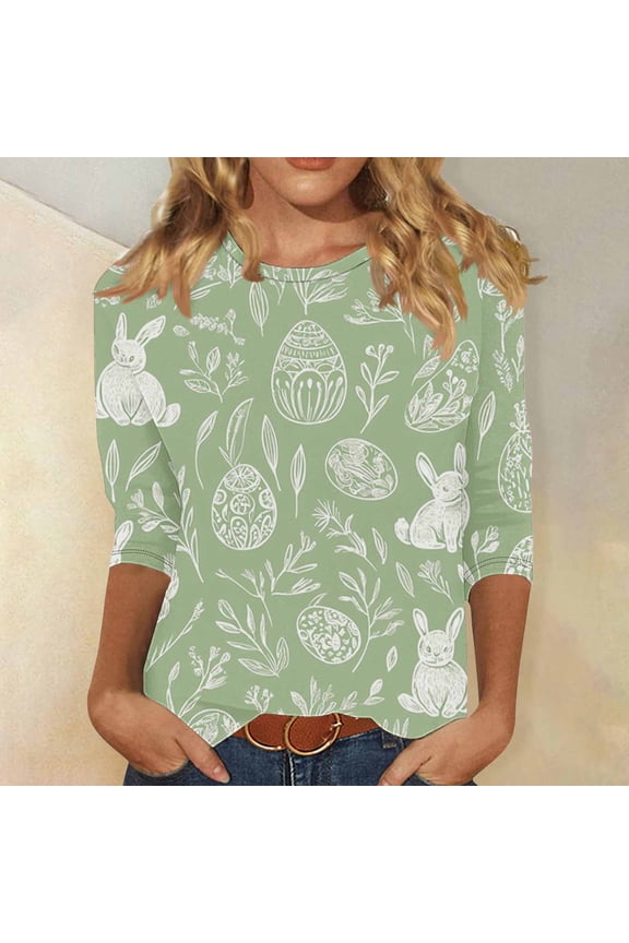 Happy Easter Shirts for Women Plus Size Easter Bunny Egg Print T-Shirt Pastel Rabbit Pattern 3/4 Sleeve Casual Spring Holiday Top