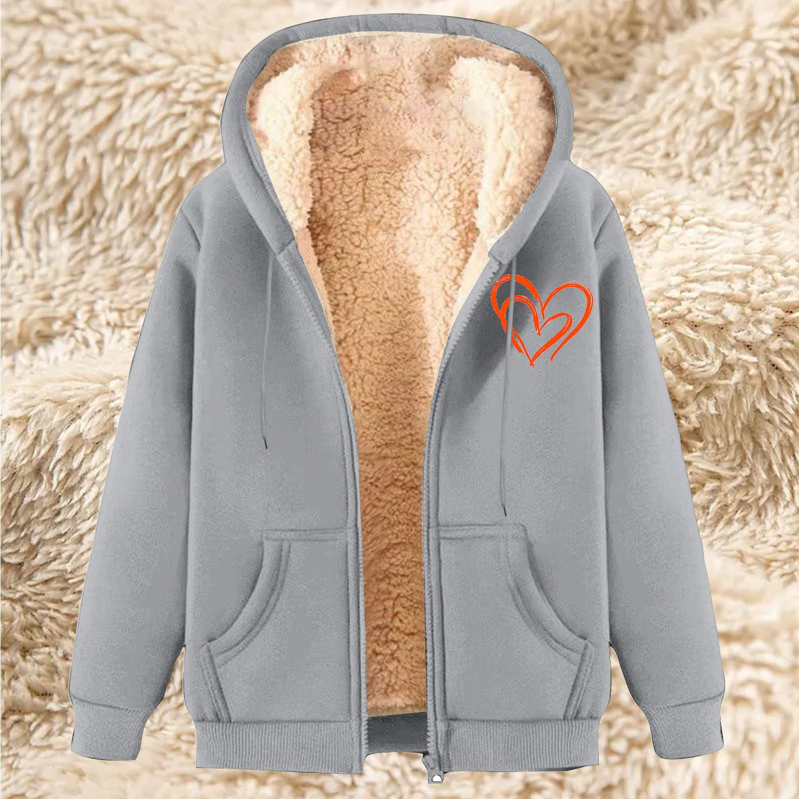 Xdegoge Heavy Fleece Jacket Women Sherpa Lined Fuzzy Casual Oversized Heart Graphic Hoodies Warm Long Sleeve Hooded Full Zip Jackets Cold Weather Cozy Thermal Winter Fashion Clothes with Pockets
