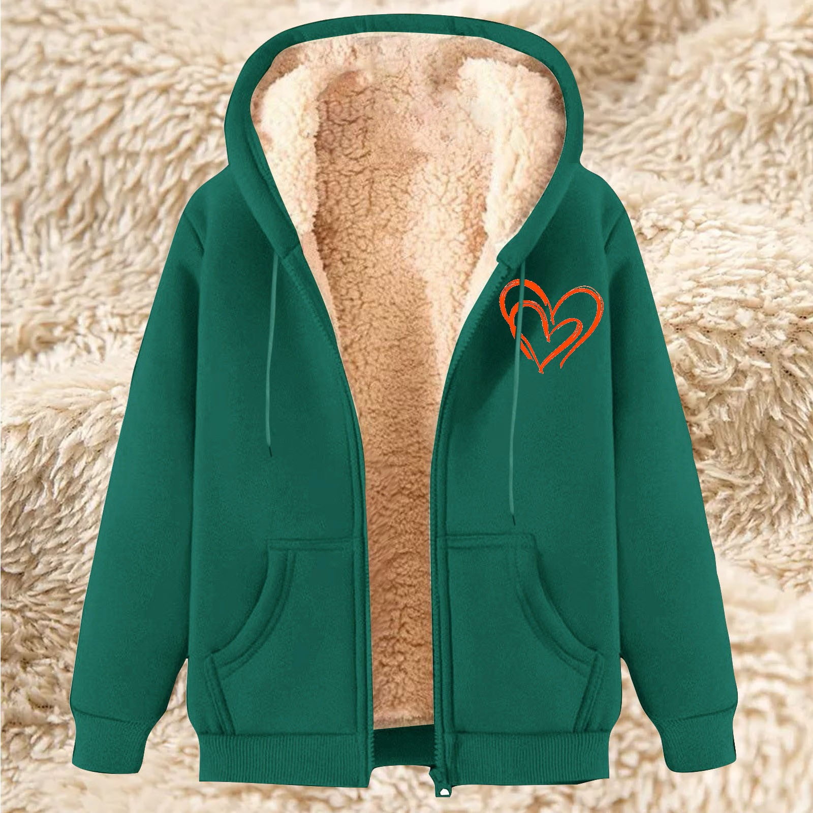 Xdegoge Heavy Fleece Jacket Women Sherpa Lined Fuzzy Casual Oversized Heart Graphic Hoodies Warm Long Sleeve Hooded Full Zip Jackets Cold Weather Cozy Thermal Winter Fashion Clothes with Pockets