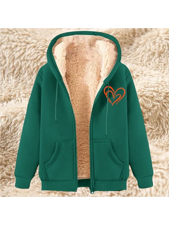 Heavy Fleece Jacket Women Sherpa Lined Fuzzy Casual Oversized Heart Graphic Hoodies Warm Long Sleeve Hooded Full Zip Jackets Cold Weather Cozy Thermal Winter Fashion Clothes with Pockets