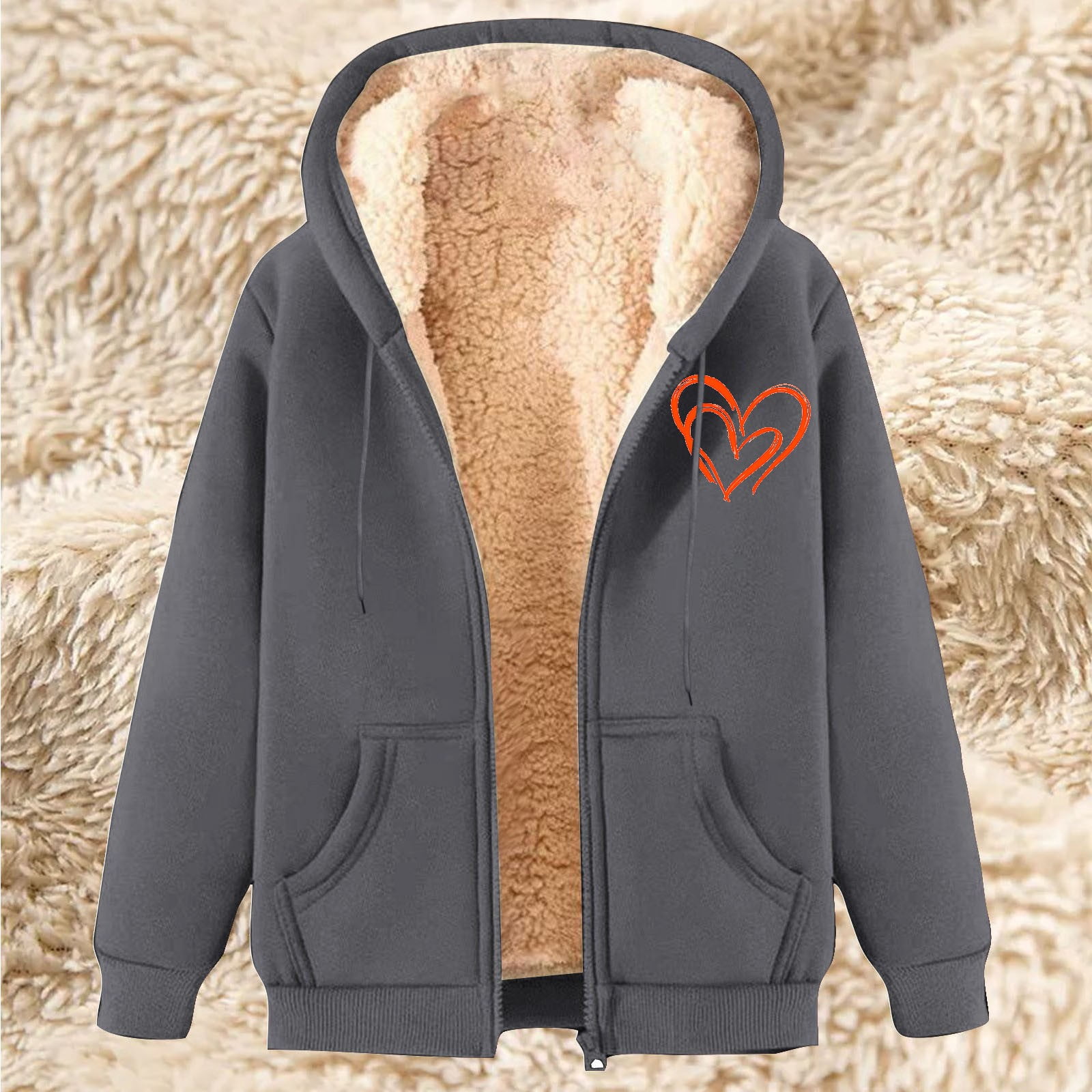 Xdegoge Heavy Fleece Jacket Women Sherpa Lined Fuzzy Casual Oversized Heart Graphic Hoodies Warm Long Sleeve Hooded Full Zip Jackets Cold Weather Cozy Thermal Winter Fashion Clothes with Pockets