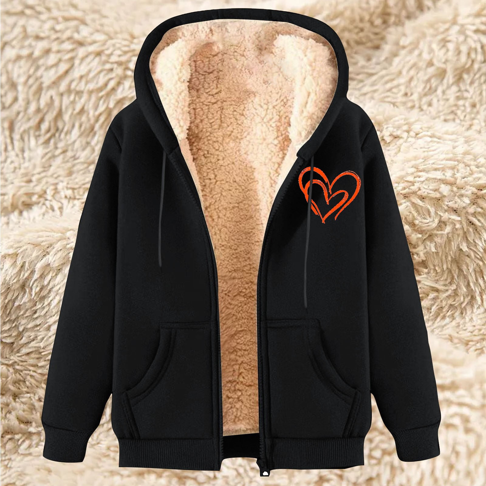 Xdegoge Heavy Fleece Jacket Women Sherpa Lined Fuzzy Casual Oversized Heart Graphic Hoodies Warm Long Sleeve Hooded Full Zip Jackets Cold Weather Cozy Thermal Winter Fashion Clothes with Pockets