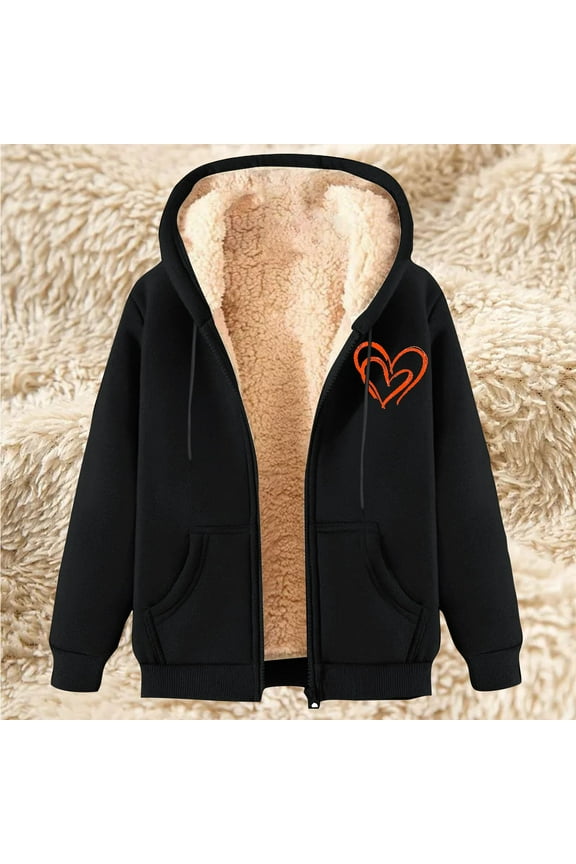Heavy Fleece Jacket Women Sherpa Lined Fuzzy Casual Oversized Heart Graphic Hoodies Warm Long Sleeve Hooded Full Zip Jackets Cold Weather Cozy Thermal Winter Fashion Clothes with Pockets