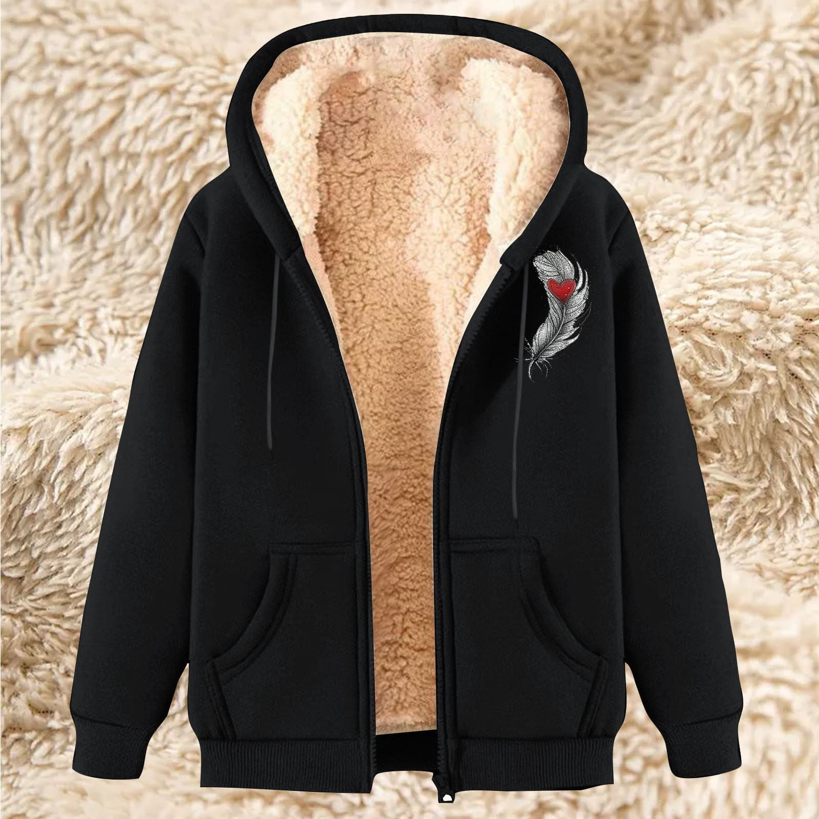 Xdegoge Heavy Weight Fleece Jacket Women Sherpa Lined Thermal Casual Oversized Graphic Hoodies Cozy Long Sleeve Hooded Full Zip Jackets Warm Cold Weather Fuzzy Winter Fashion Clothes with Pockets