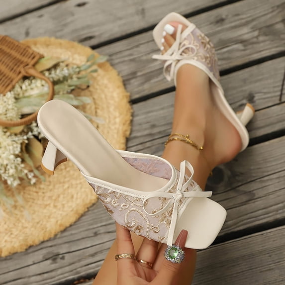 Xdegoge Heeled Sandals for Women Open Toe Kitten Heel Mules Sheer Lace Upper Cute Bowknot Detail Square Front Dressy Evening Date Wear