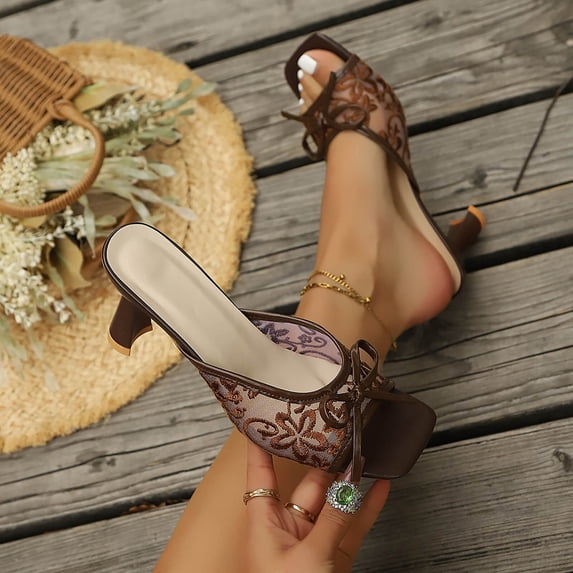 Xdegoge Heeled Sandals for Women Open Toe Kitten Heel Mules Sheer Lace Upper Cute Bowknot Detail Square Front Dressy Evening Date Wear