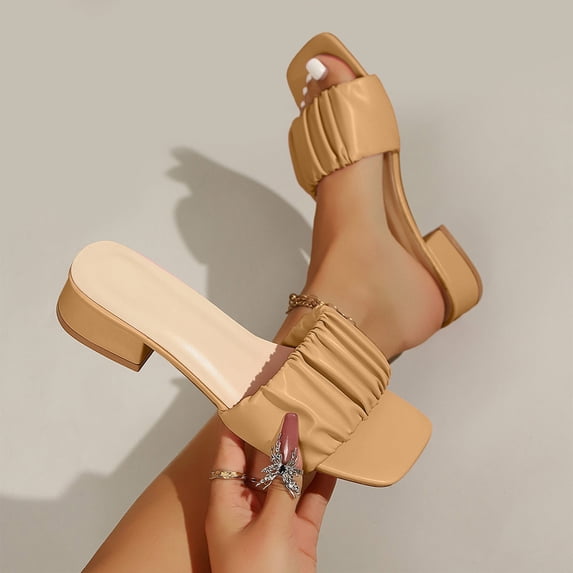 Xdegoge Heeled Sandals for Women Open Toe Ruched Single Band Slide Sandals Square Toe Chunky Block Low Heels Slip On Dressy Party Slippers