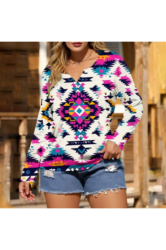 Henley Shirt for Women V Neck Long Sleeve Vibrant Aztec Print Casual Tunic Tops Loose Fit Bohemian Tribal Pattern Soft Lightweight Breathable Spring Summer Fashion Tops