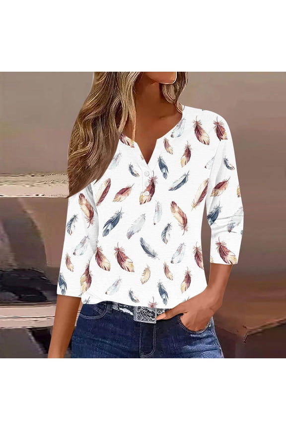 Henley Shirts for Women V Neck Button Down Three Quarter Sleeve Casual Boho Loose Fit Feather Print Graphic Flowy Lightweight Spring Tops Everyday Wear Blouse