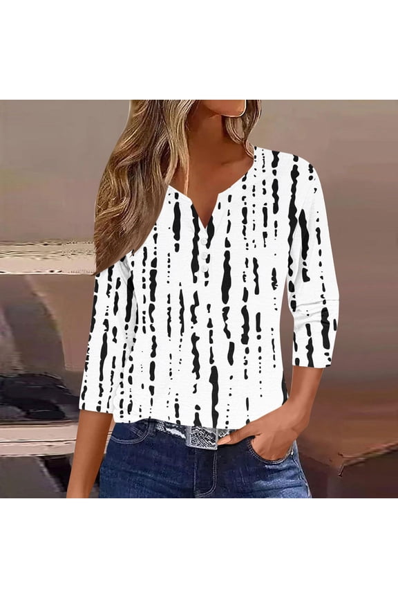 Henley Shirts for Women V Neck Button Down Three Quarter Sleeve Casual Boho Loose Fit Feather Print Graphic Flowy Lightweight Spring Tops Everyday Wear Blouse