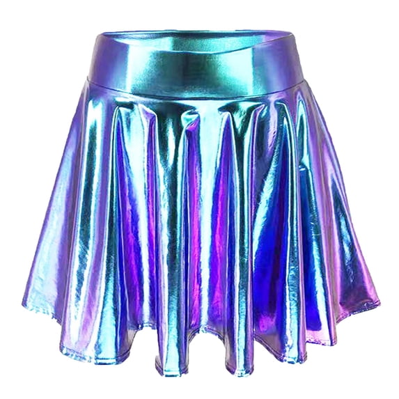 Xdegoge High Waisted Metallic Skirt for Women Elastic Waist Flared Pleated A Line Mini Skirts Shiny Holographic Flattering Rave Festival 80s Party Club Cosplay Wear