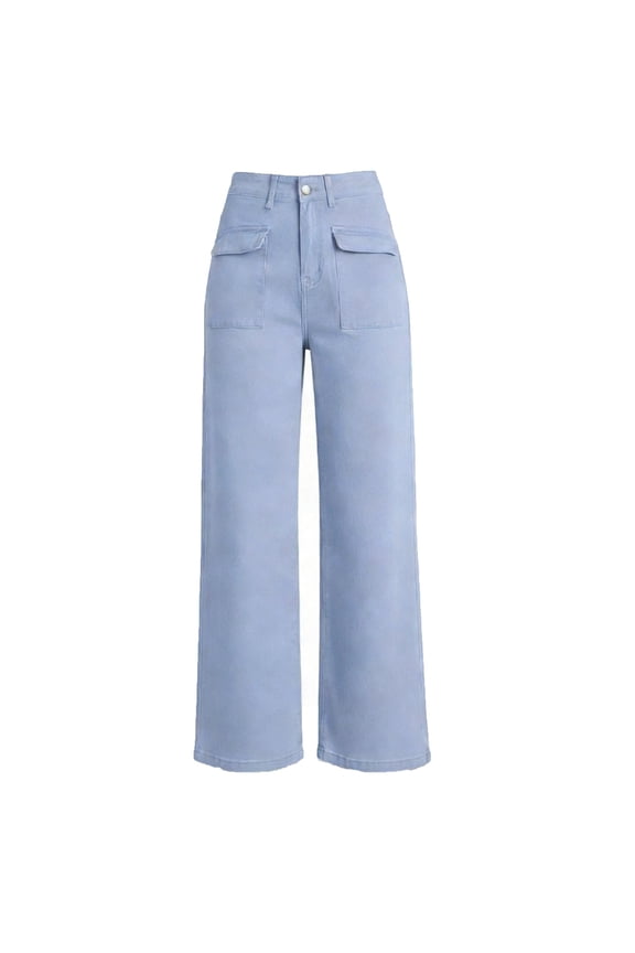 High Waisted Wide Leg Jeans for Women Casual Denim Trousers with Front Patch Pockets Stretchy Loose Fit Vintage Style Relaxed Bottoms Street Fashion