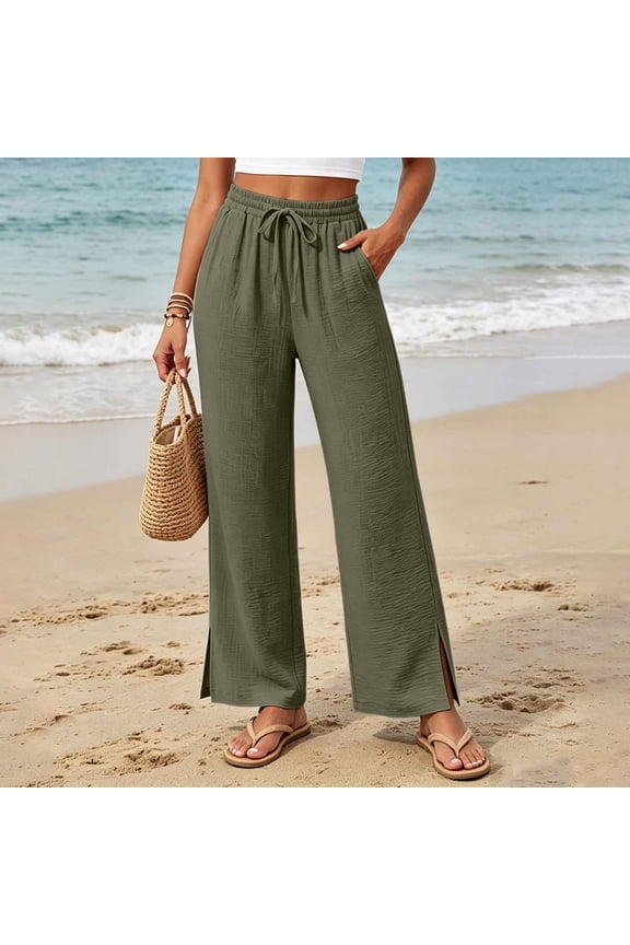 High Waisted Wide Leg Pants Crinkle Flowy Drawstring Side Slit Hem Lightweight Trousers Casual Beach Vacation Lounge Pants with Pockets