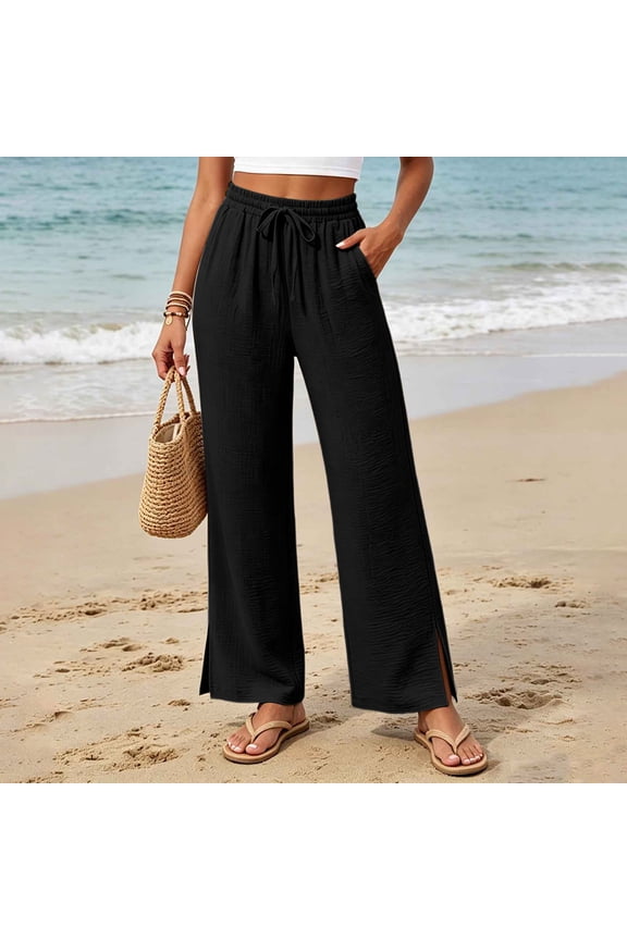 High Waisted Wide Leg Pants Crinkle Flowy Drawstring Side Slit Hem Lightweight Trousers Casual Beach Vacation Lounge Pants with Pockets