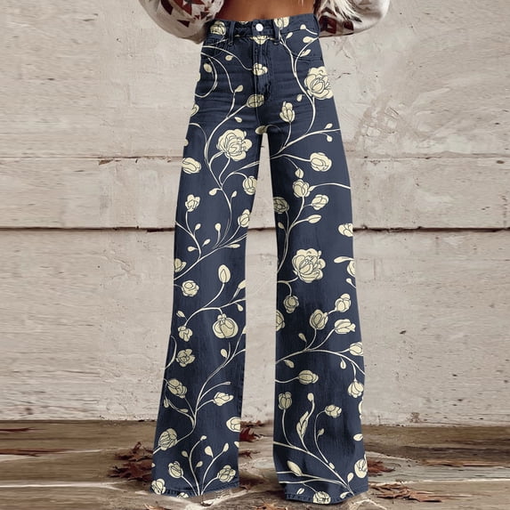 Xdegoge High Waisted Wide Leg Pants for Women Elegant Rose Print Trousers Casual Straight Fit Stretchy Denim Feel Bottoms Weekend Party Flowy Flattering Retro Jeans