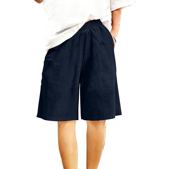 Xdegoge High Waisted Wide Leg Shorts for Women Casual Cotton Linen Loose Lounge Half Pants Smocked Elastic Waist Knee Length Culottes Summer Beach with Pockets