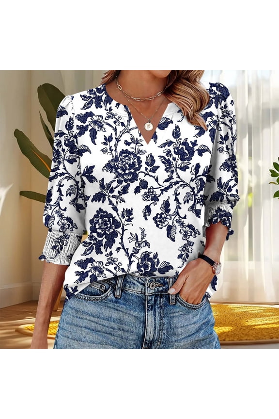 3/4 Sleeve Tops for Women Plus Size Floral V Neck T Shirt Summer Fashion Tunic Shirts Dressy Casual Loose Fit Blouses