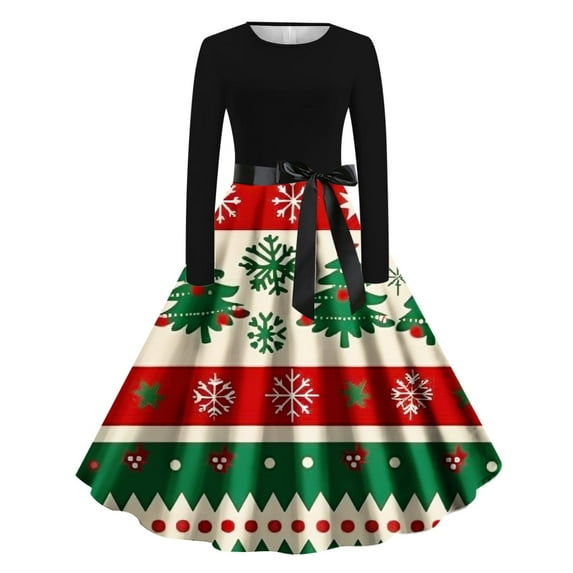 Xdegoge Holiday Dresses for Women Christmas 1950s Vinatge A-Line Long Sleeve Crewneck Midi Dress with Belt Xmas Graphic Winter Cocktail Party Costume
