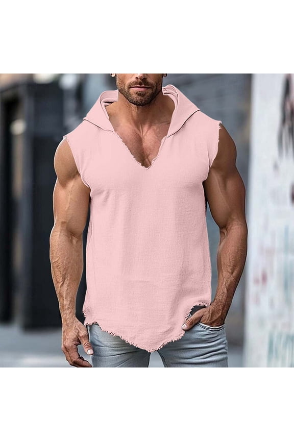 Hooded Tank Tops for Men Cotton Linen Sleeveless V Neck Shirts Casual Muscle Fit Summer Vest Lightweight Breathable Hem Hip Hop Boho Style Beach Yoga Tops for Men