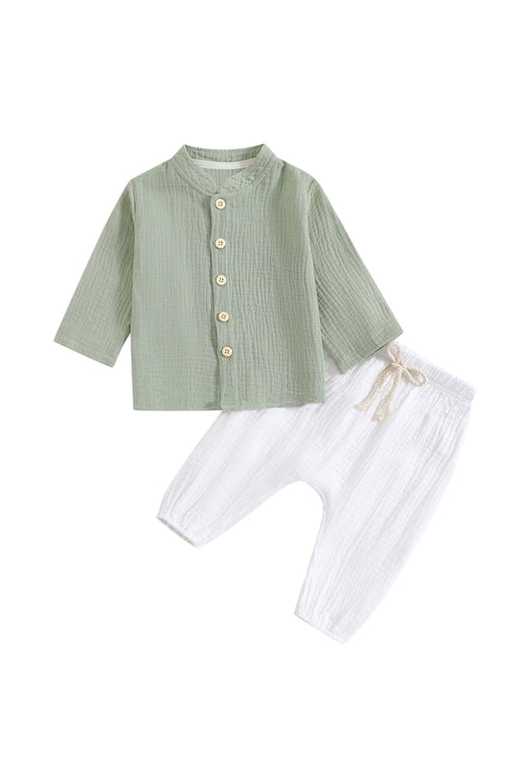 Infant Baby Henley 2 Piece Set Regular Fit Long Sleeve Linen Muslin Button Down Shirt and Drawstring Pants Boho Vacation Wear
