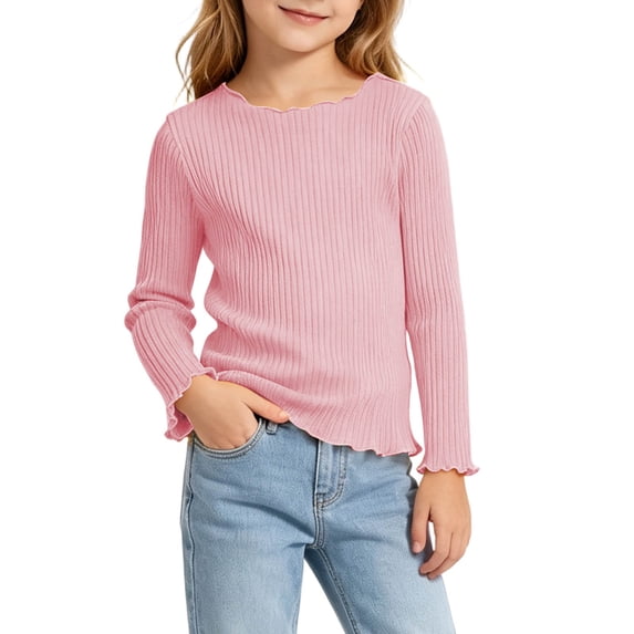 Xdegoge Infant Girls Ribbed Long Sleeve Tee Lettuce Edge Trim T-Shirt Basic Layering Pullover Top Casual Knit Blouse Fall Winter, 14-16M