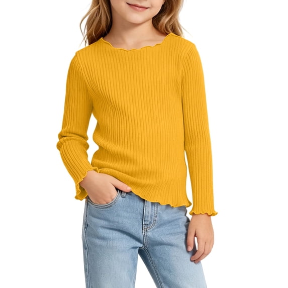 Xdegoge Infant Girls Ribbed Long Sleeve Tee Lettuce Edge Trim T-Shirt Basic Layering Pullover Top Casual Knit Blouse Fall Winter, 16-18M