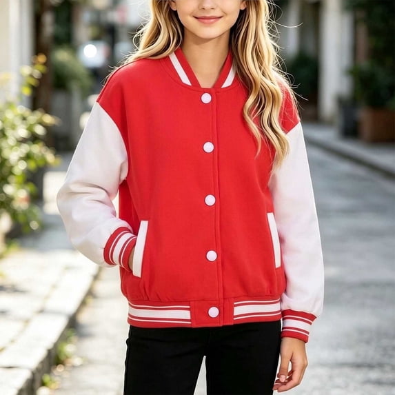 Xdegoge Infant Girls Varsity Baseball Jacket Casual Button Down Bomber Coat Vintage Long Sleeve Outerwear with Pockets for School, 12-24M