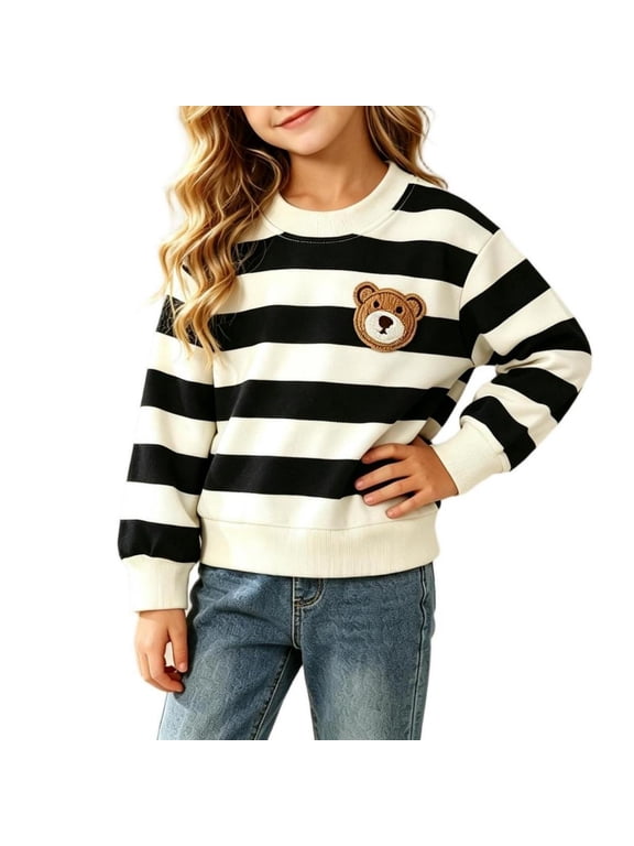 Infant Toddler Boys Striped Sweatshirt Long Sleeve Crewneck Pullover Tops Cute Bear Patch Casual Fall Winter Clothes for Kids, 12-24M