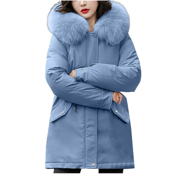 Xdegoge Down Jacket for Women Trendy Long Winter Coat Thicken Fleece Lined Parka Zip Up Button Down Warm Puffer Jackets Outerwear with Faux Fur Hood Plus Size Padded Clothes with Pockets Blue M