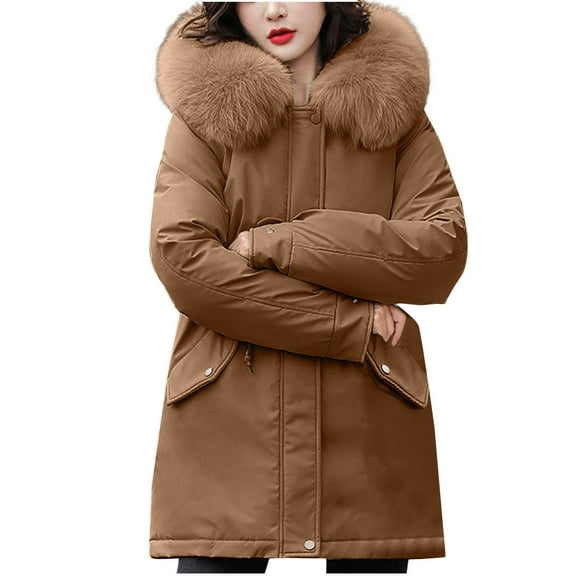 Xdegoge Down Jacket for Women Trendy Long Winter Coat Thicken Fleece Lined Parka Zip Up Button Down Warm Puffer Jackets Outerwear with Faux Fur Hood Plus Size Padded Clothes with Pockets Coffee XXL