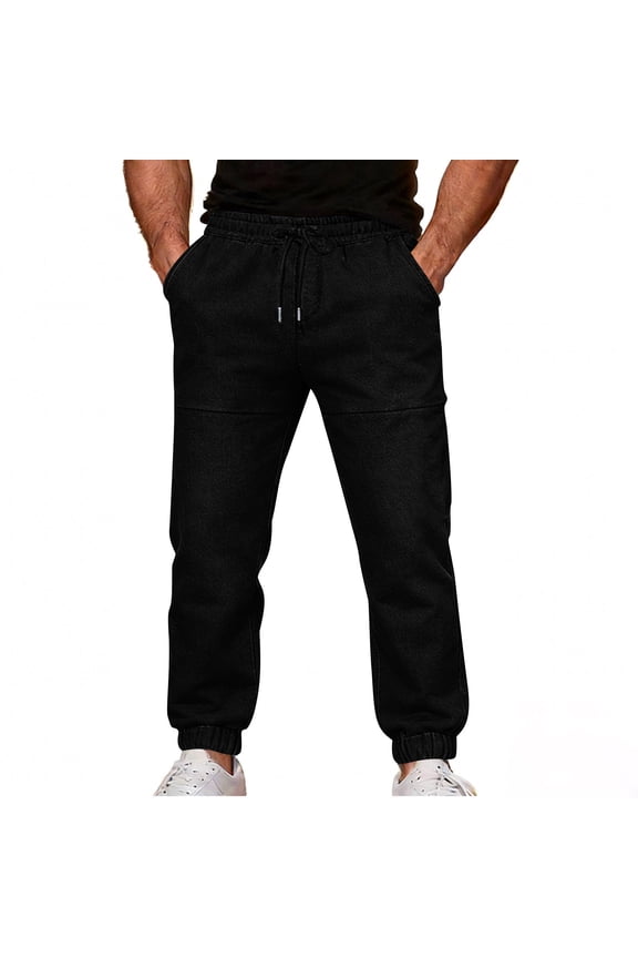 Jogger Jeans for Men Elastic Waist Drawstring Denim Pants Relaxed Fit Stretch Trousers Cuffed Hem Casual Streetwear Bottoms Everyday Wear