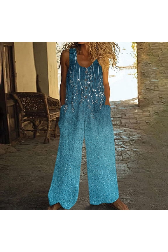Jumpsuit for Women Sleeveless Crewneck Wide Leg Jumpsuits Fashion Floral Prints Boho Hawaiian Overalls Vintage Casual Loose Bib Pants with Pockets
