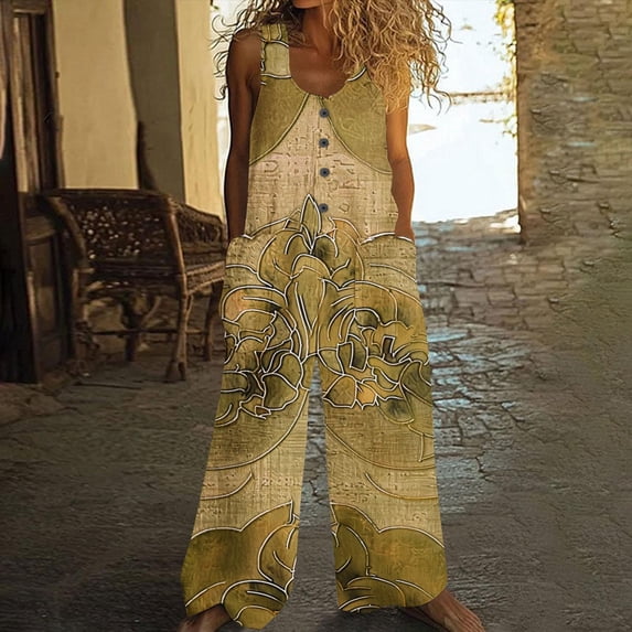 Xdegoge Jumpsuit for Women Sleeveless Crewneck Wide Leg Jumpsuits Fashion Floral Prints Boho Hawaiian Overalls Vintage Casual Loose Bib Pants with Pockets
