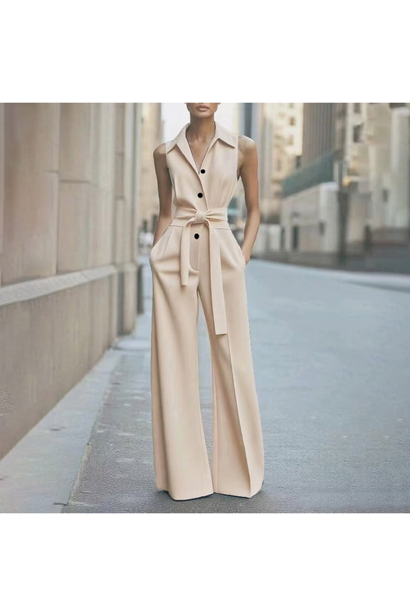 Jumpsuit for Women Wide Leg Belted Long Romper Dressy Smooth One Piece Sleeveless Button Down Collar Office Elegant Wear