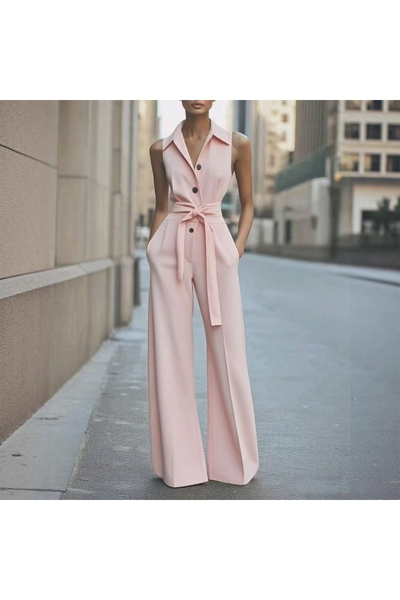 Jumpsuit for Women Wide Leg Belted Long Romper Dressy Smooth One Piece Sleeveless Button Down Collar Office Elegant Wear