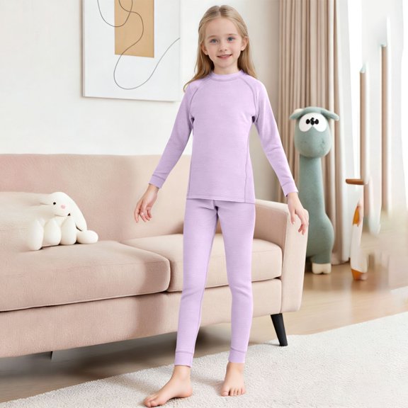Xdegoge Kids 2 Piece Thermal Underwear Set Crew Neck Long Sleeve Base Layer Ribbed Knit Snug Fit Sleepwear Soft Lounge Wear, 3T-15Y