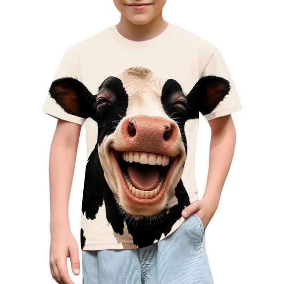Xdegoge Kids 3D Laughing Cow Graphic T-Shirt Funny Animal Print Short Sleeve Crewneck Novelty Summer Tees Casual Tops, Size 5-6