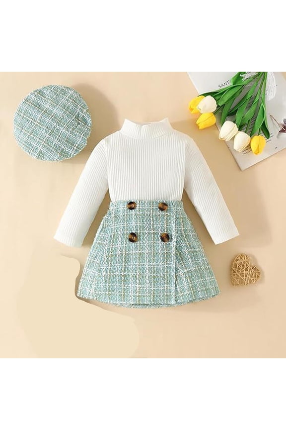 Kids Baby Girls Tweed Skirt Set 2 Piece Mock Neck Ribbed Knit Long Sleeve Tops and Button Detail A-Line Plaid Skirt Outfits, 6M-6Y