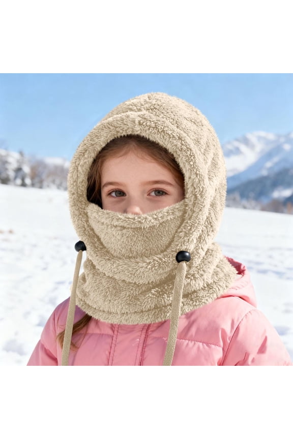 Kids Balaclava 3 in 1 Beanie Hat with Scarf and Mask for Boys Girls Sherpa Fleece Adjustable Drawstring Warm Snow Winter Hats Plush Face Cover Ski Caps