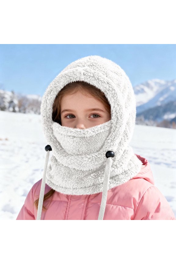 Kids Balaclava 3 in 1 Beanie Hat with Scarf and Mask for Boys Girls Sherpa Fleece Adjustable Drawstring Warm Snow Winter Hats Plush Face Cover Ski Caps