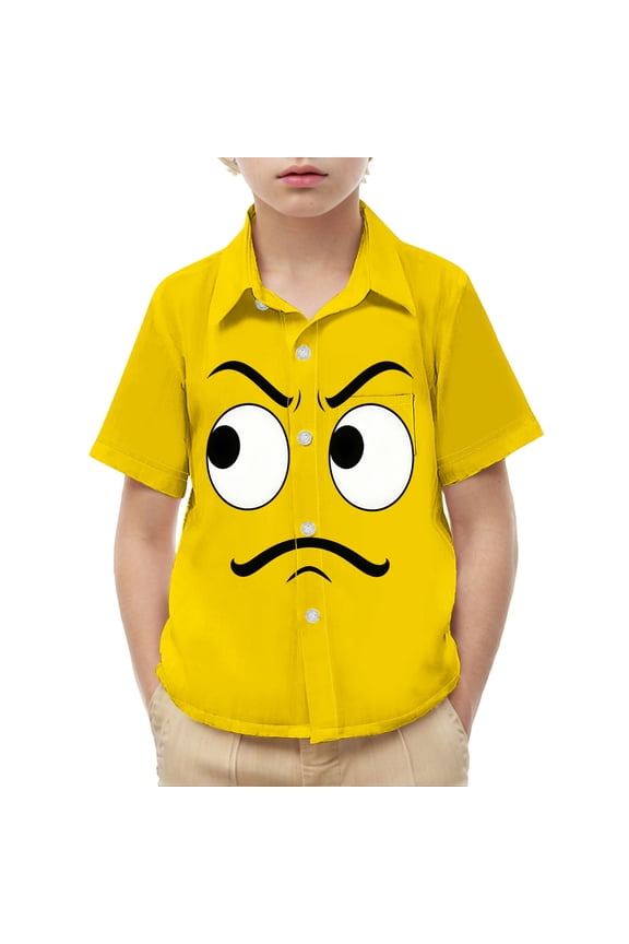Kids Boys Funny Graphic Button Down Shirts Cute Angry Print Short Sleeve Casual Playwear School Tops Soft Summer Children Clothes Novelty Face Pattern Activewear