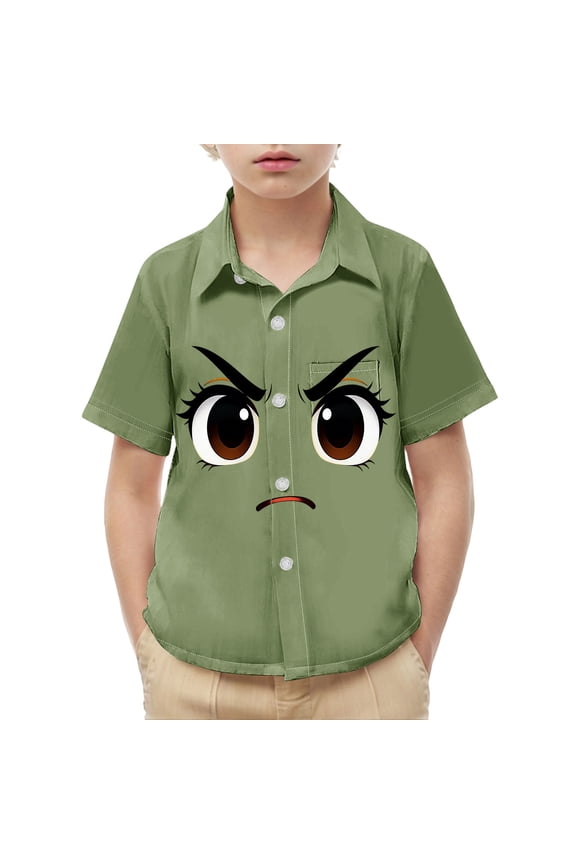 Kids Boys Funny Graphic Collared Tops Cute Angry Big Eyes Face Print Short Sleeve Button Down Shirts Casual Daily Playwear For Little Children Novelty School Clothing