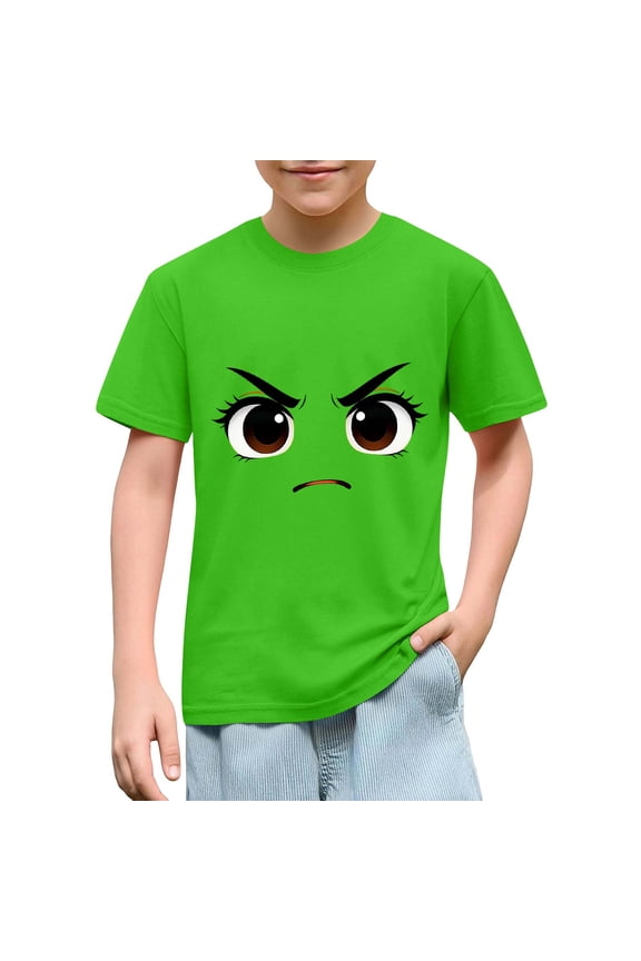 Kids Boys Funny Graphic T-Shirt Grumpy Angry Cartoon Face Expression Pattern Short Sleeve Crewneck Summer Tops Casual Playwear Comfy Basic Tees For Children
