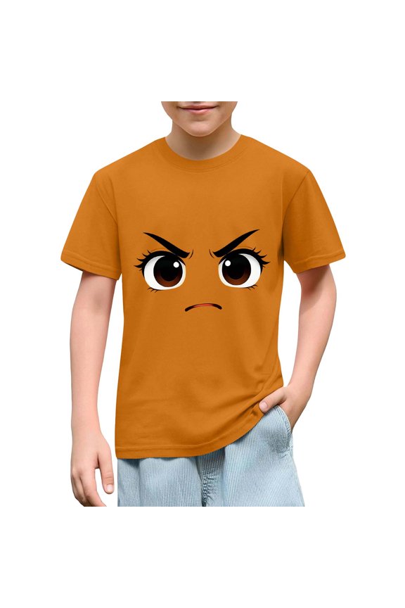 Kids Boys Funny Graphic T-Shirt Grumpy Angry Cartoon Face Expression Pattern Short Sleeve Crewneck Summer Tops Casual Playwear Comfy Basic Tees For Children