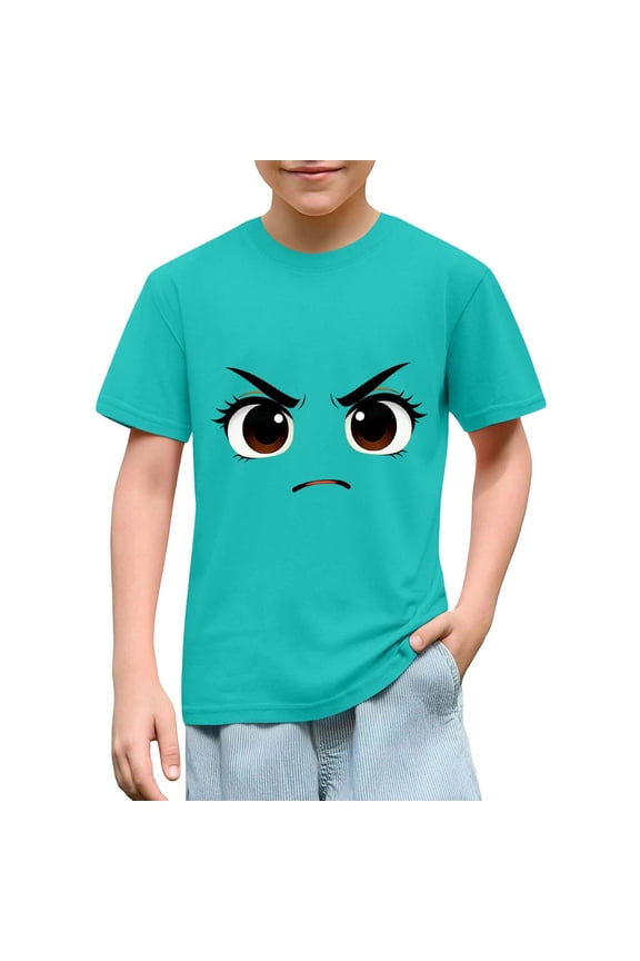Kids Boys Funny Graphic T-Shirt Grumpy Angry Cartoon Face Expression Pattern Short Sleeve Crewneck Summer Tops Casual Playwear Comfy Basic Tees For Children