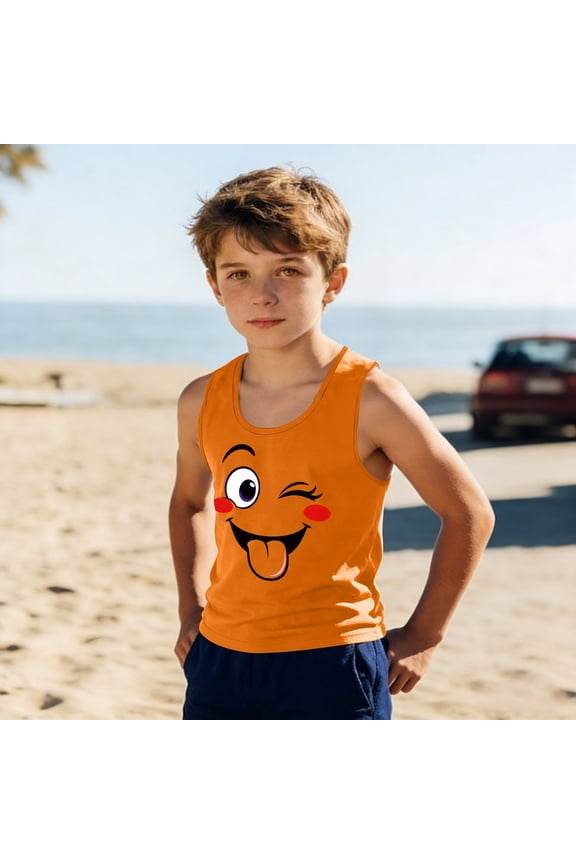 Kids Boys Funny Graphic Tank Top Cute Winking Face Print Sleeveless Casual Playwear School Tops Comfy Breathable Summer Activewear Novelty Stretchy Daily Outfit