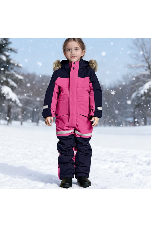 Kids Boys and Girls One Piece Snowsuit Fleece Lined Thicken Warm Insulated Waterproof Jumpsuits with Furry Hood Color Block Winter Warm Teen Snow Suit 3 Years
