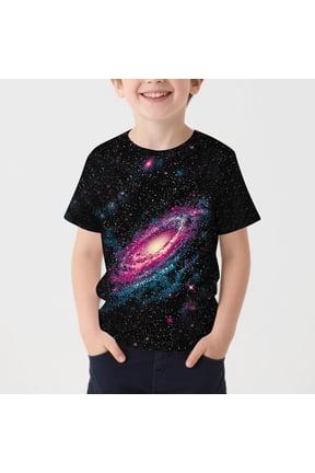 Kids Boys Graphic T Shirts Outer Space Galaxy Black Hole Print Short Sleeve Crewneck Tees Casual Everyday Playwear School Tops Summer Breathable Activewear Shirts