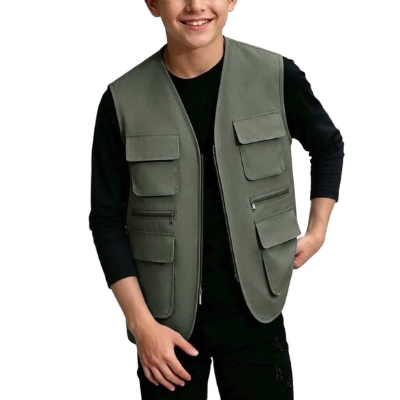 Xdegoge Kids Boys Outdoor Cargo Vest Lightweight Multi-Pocket Zip Up Sleeveless Jacket for Fishing Safari Hiking and Camping, Size 7-8